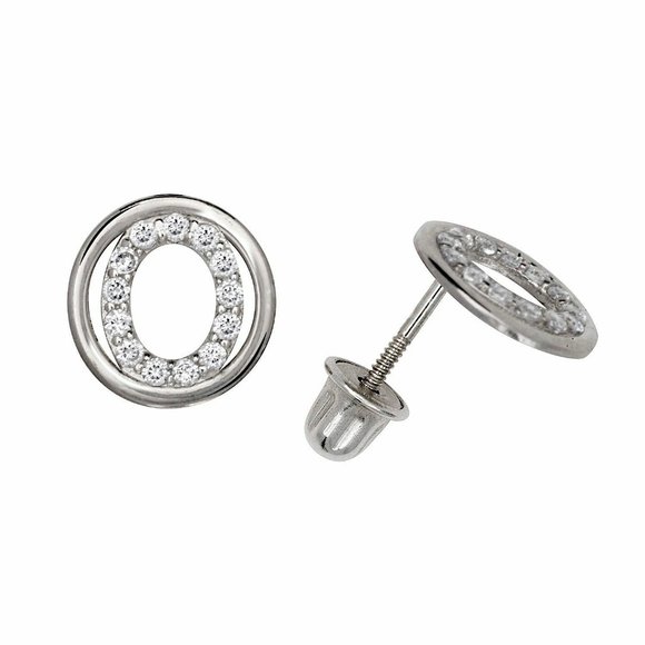 14K Solid White Gold 8mm Letter Initial Halo CZ Stud Alphabet Earrings - Picture 14 of 16